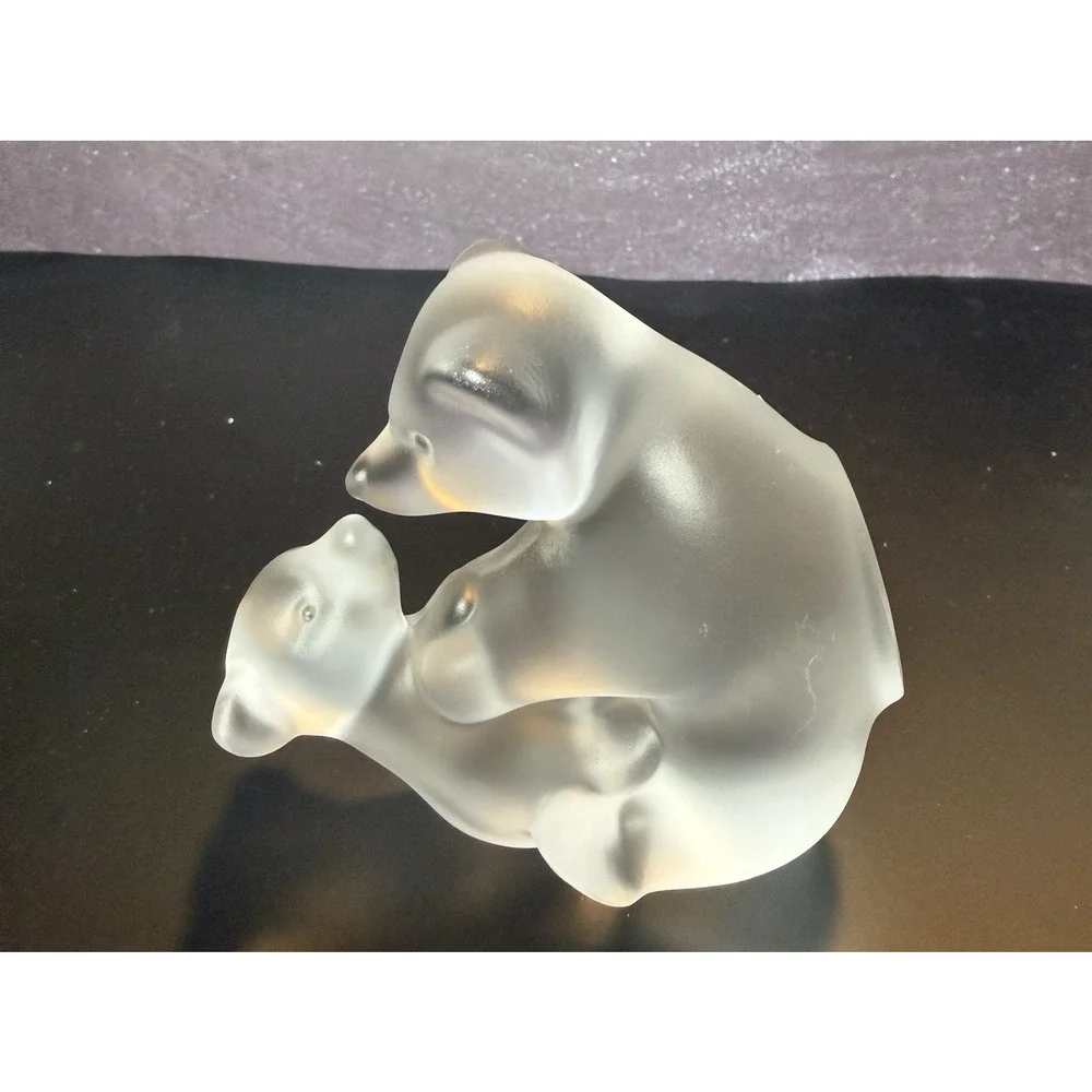 Frosted Art Glass Playful Bear & Cub Figurine Crystal de Sevres Style Unmarked